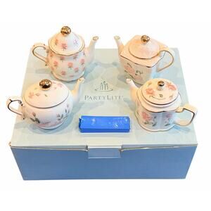 Partylite (Rare) Romantic Chic Tea Pot Set Tea Light Holders W/ Brass Inserts